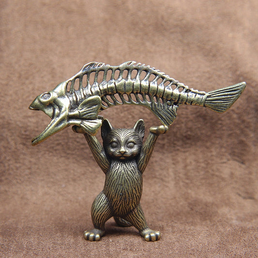 Vintage Brass Cat Lifts Fish Bone Statues