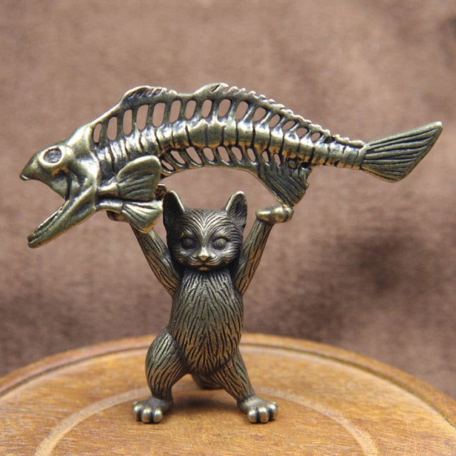 Vintage Brass Cat Lifts Fish Bone Statues