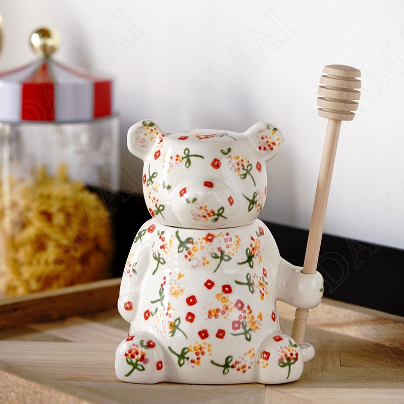 Painted Teddy Bear Ceramic Sealed Honey Jar