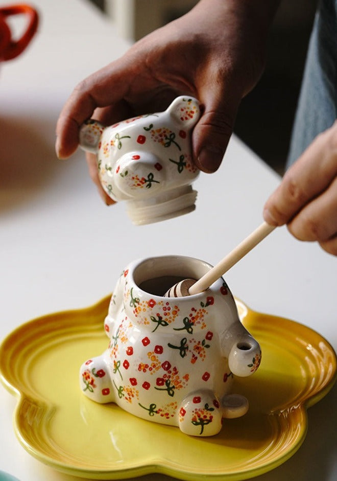 Painted Teddy Bear Ceramic Sealed Honey Jar