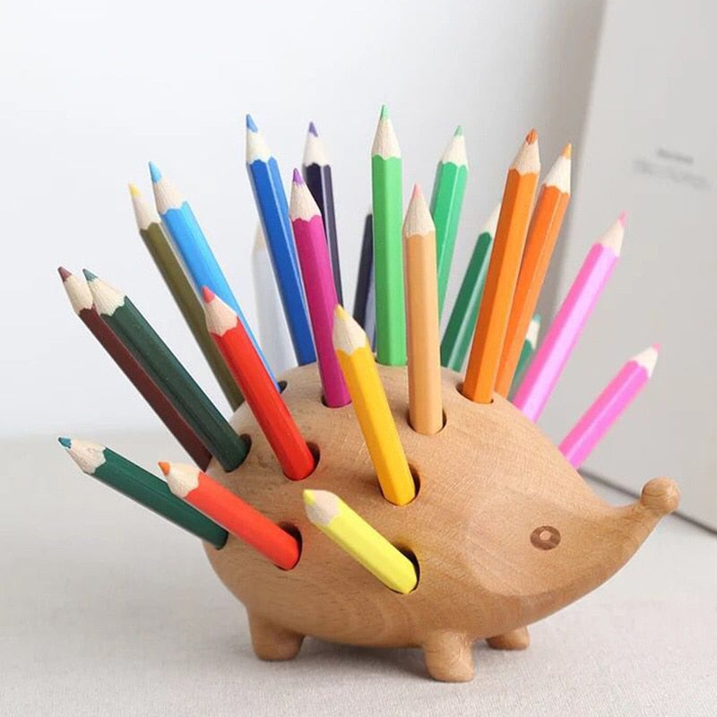 Creative Solid Wood Carving Hedgehog Penholder