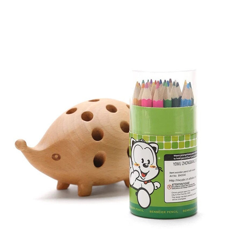 Creative Solid Wood Carving Hedgehog Penholder