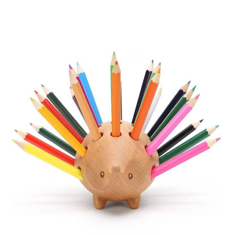 Creative Solid Wood Carving Hedgehog Penholder