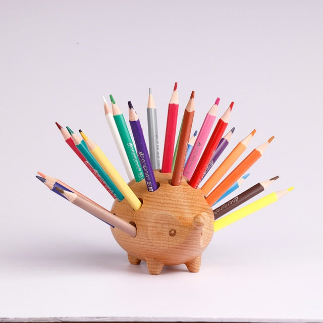 Creative Solid Wood Carving Hedgehog Penholder