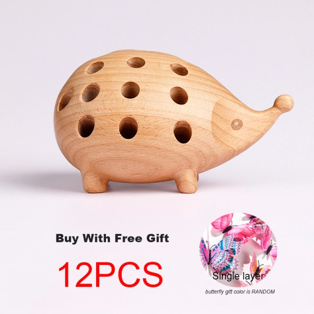 Creative Solid Wood Carving Hedgehog Penholder