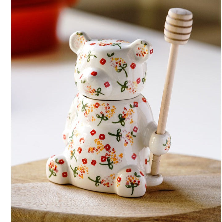 Painted Teddy Bear Ceramic Sealed Honey Jar