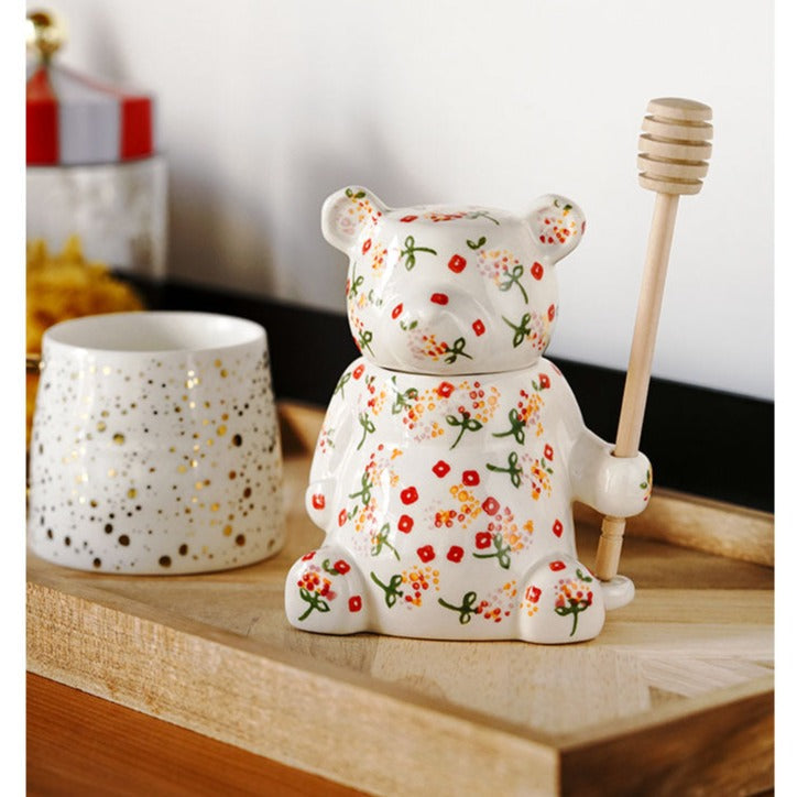 Painted Teddy Bear Ceramic Sealed Honey Jar
